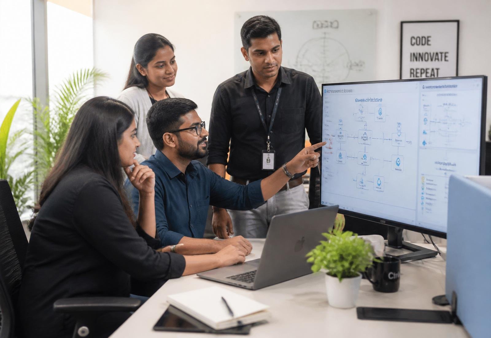 CS INFOTECH developers collaborating on a database planning schema